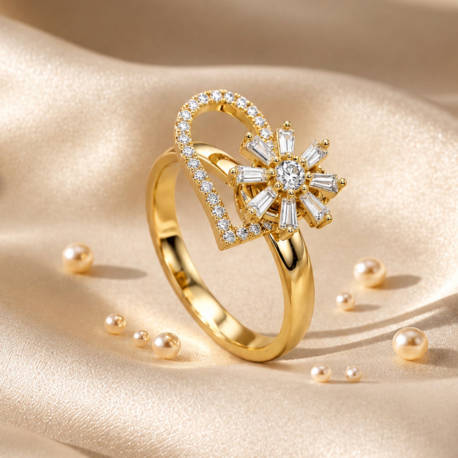 Artklim Gold Revolving Heart Blossom Adjustable Anti-Tarnish Copper Ring