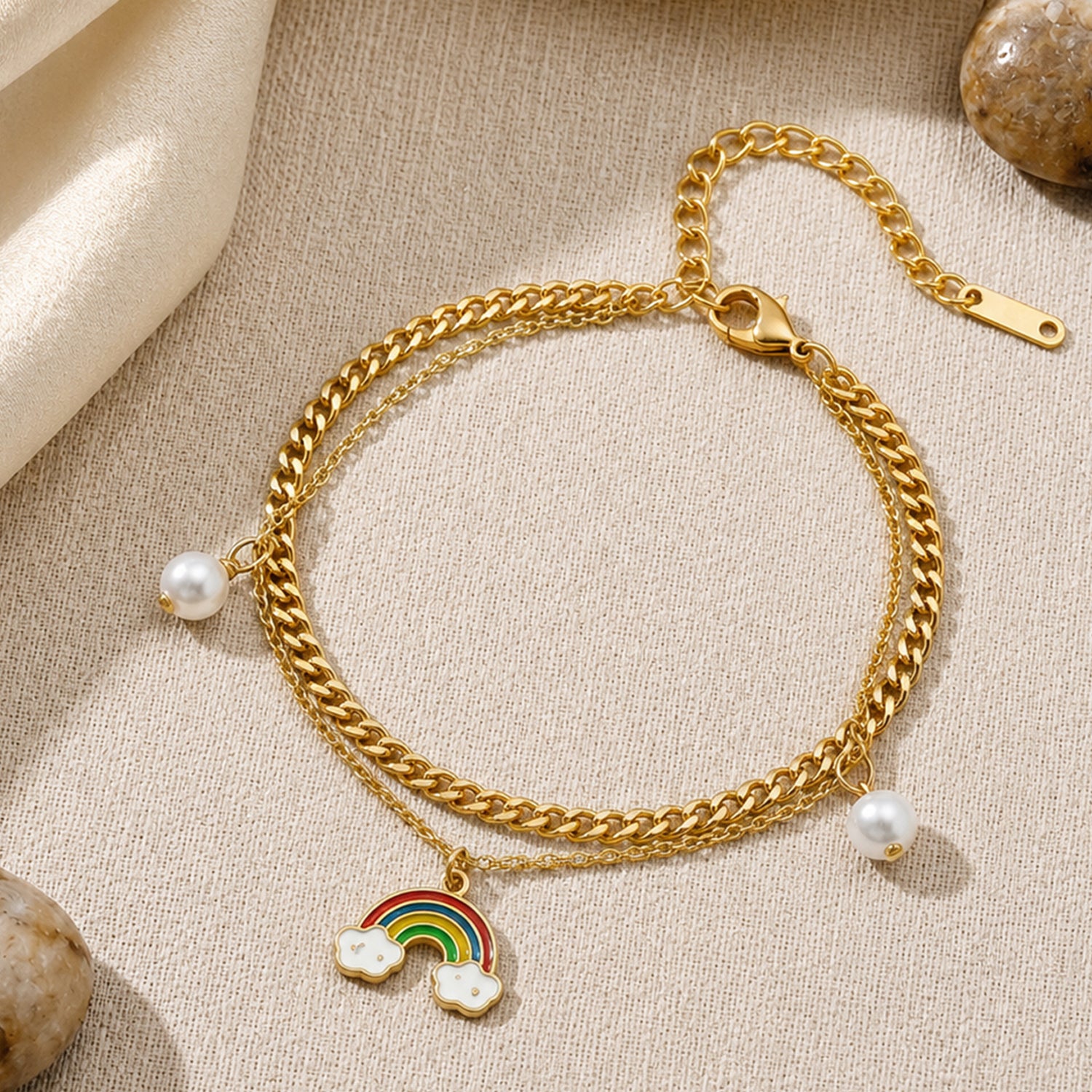 Artklim Rainbow Pearl Layered Gold Charm Anti-Tarnish Bracelet
