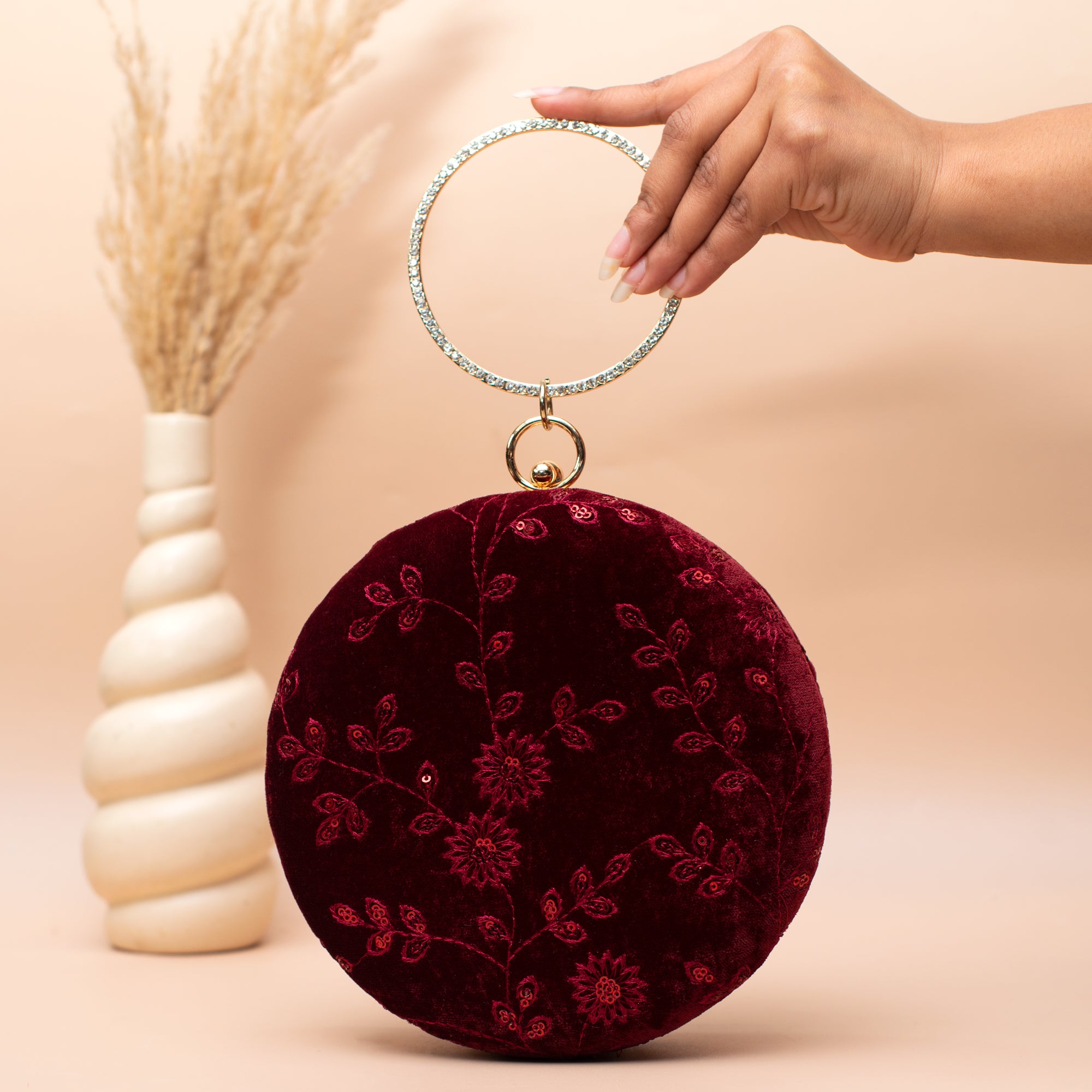 Artklim Velvet Maroon Floral Embroidered Clutch