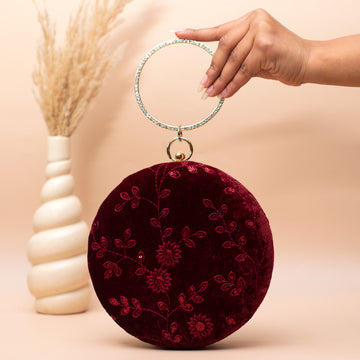 Artklim Velvet Maroon Floral Embroidered Clutch
