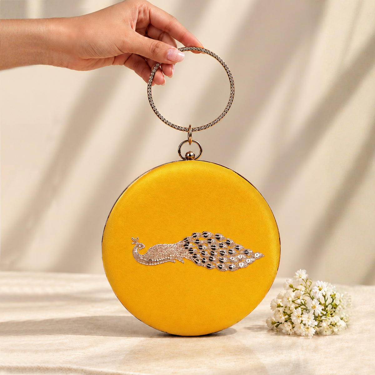 Artklim Elegant Intricate Peacock Embroidery Round Clutch Bag with Golden Crystal Ring Handle