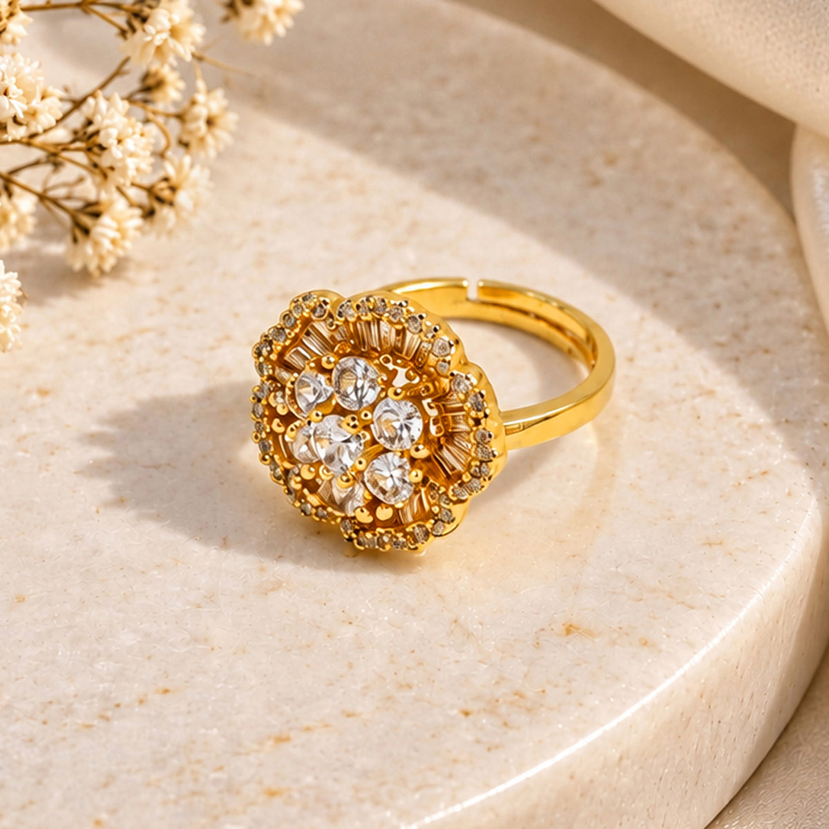 Artklim Floral Sparkle Gold-Tone Crystal Statement Anti-Tarnish Ring