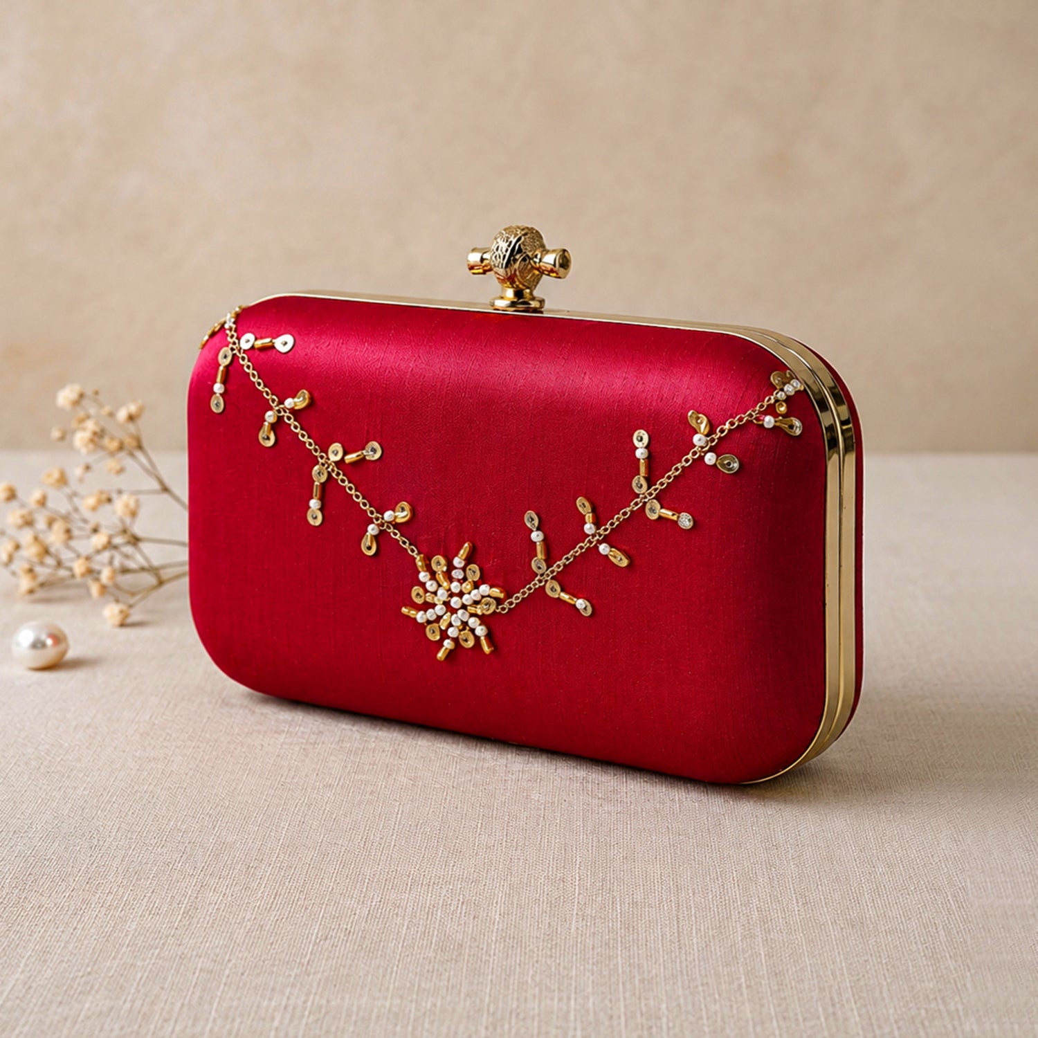 Artklim Red Based Floral Sequins Embroidery Clutch