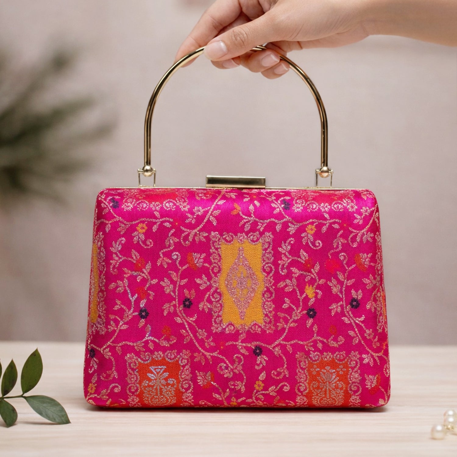 Artklim Pink Based Silver Pattern Printed Brocade Fabric Clutch