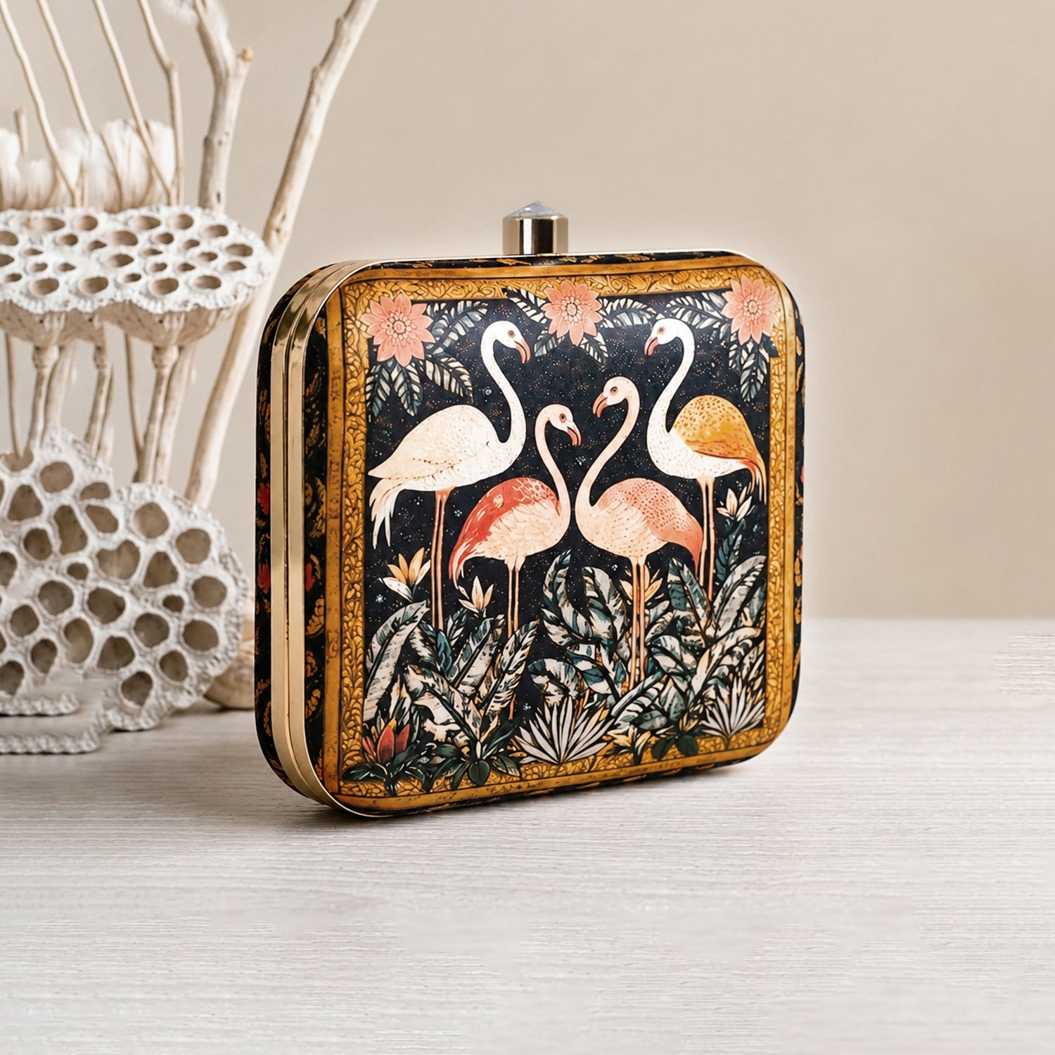 Artklim Black Based Pink Flamingo Printed Clutch