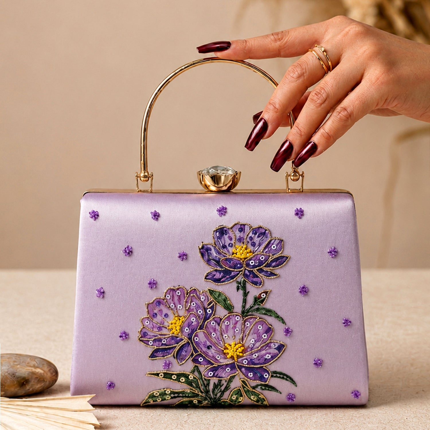 Artklim Lavender Floral Embroidered Clutch Bag