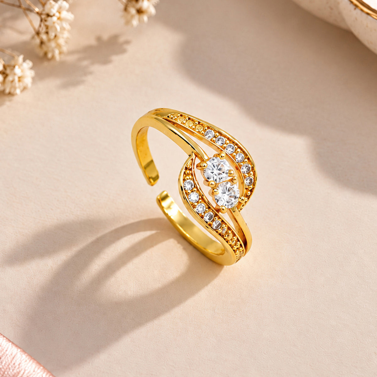 Artklim Elegant Double Crystal Gold-Tone Anti-Tarnish Ring