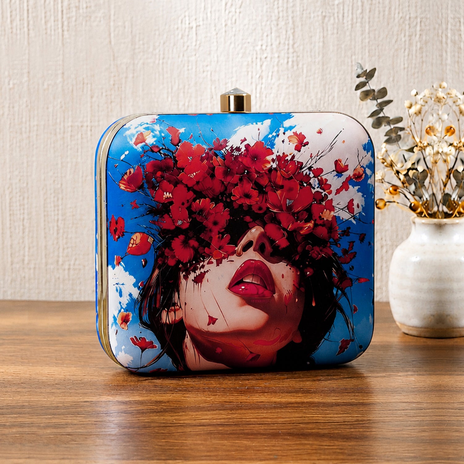 Artklim Elegant Floral Portrait Blue Printed Clutch