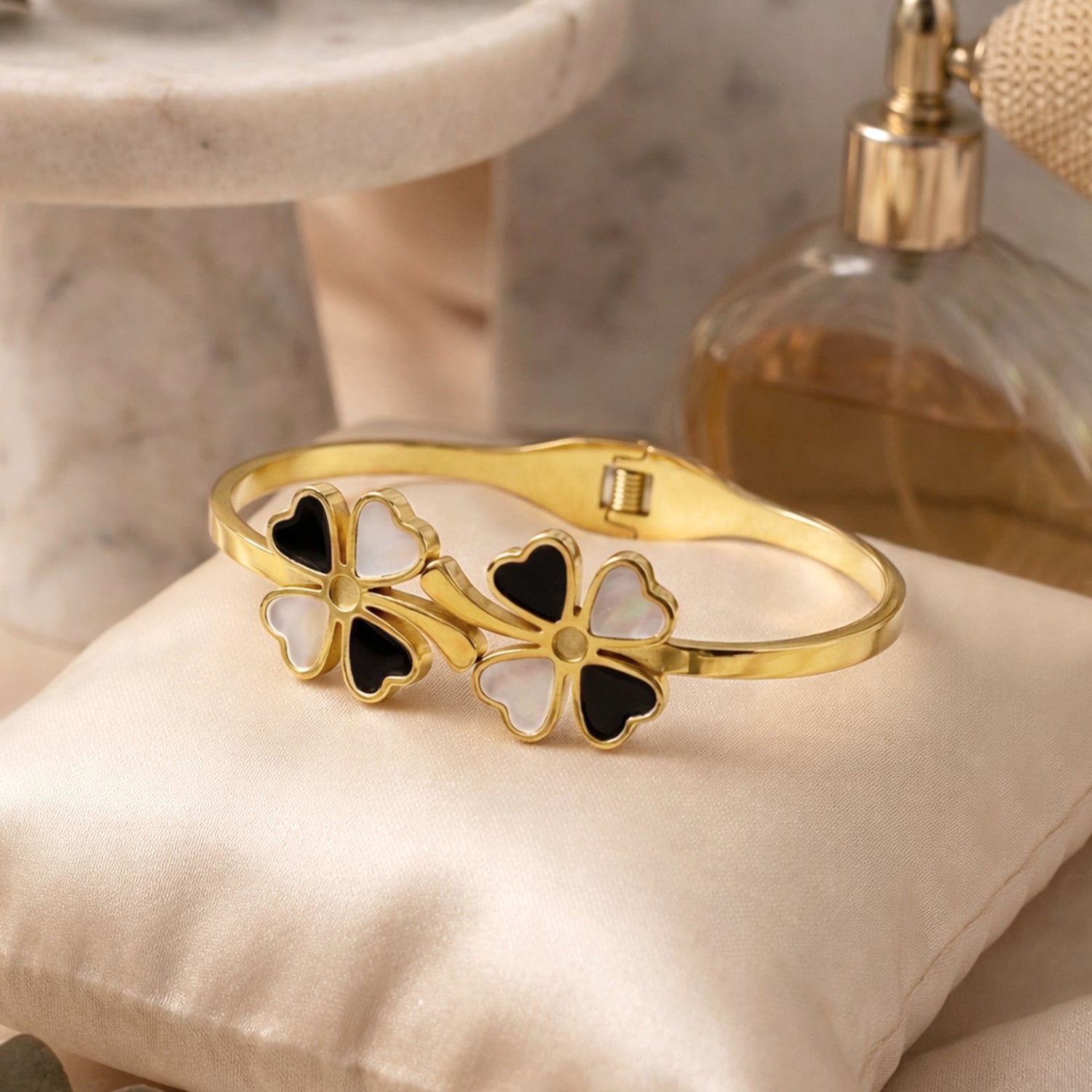 Artklim Gold Plated Elegant Flower Open Cuff Anti-Tarnish Bangle Bracelet