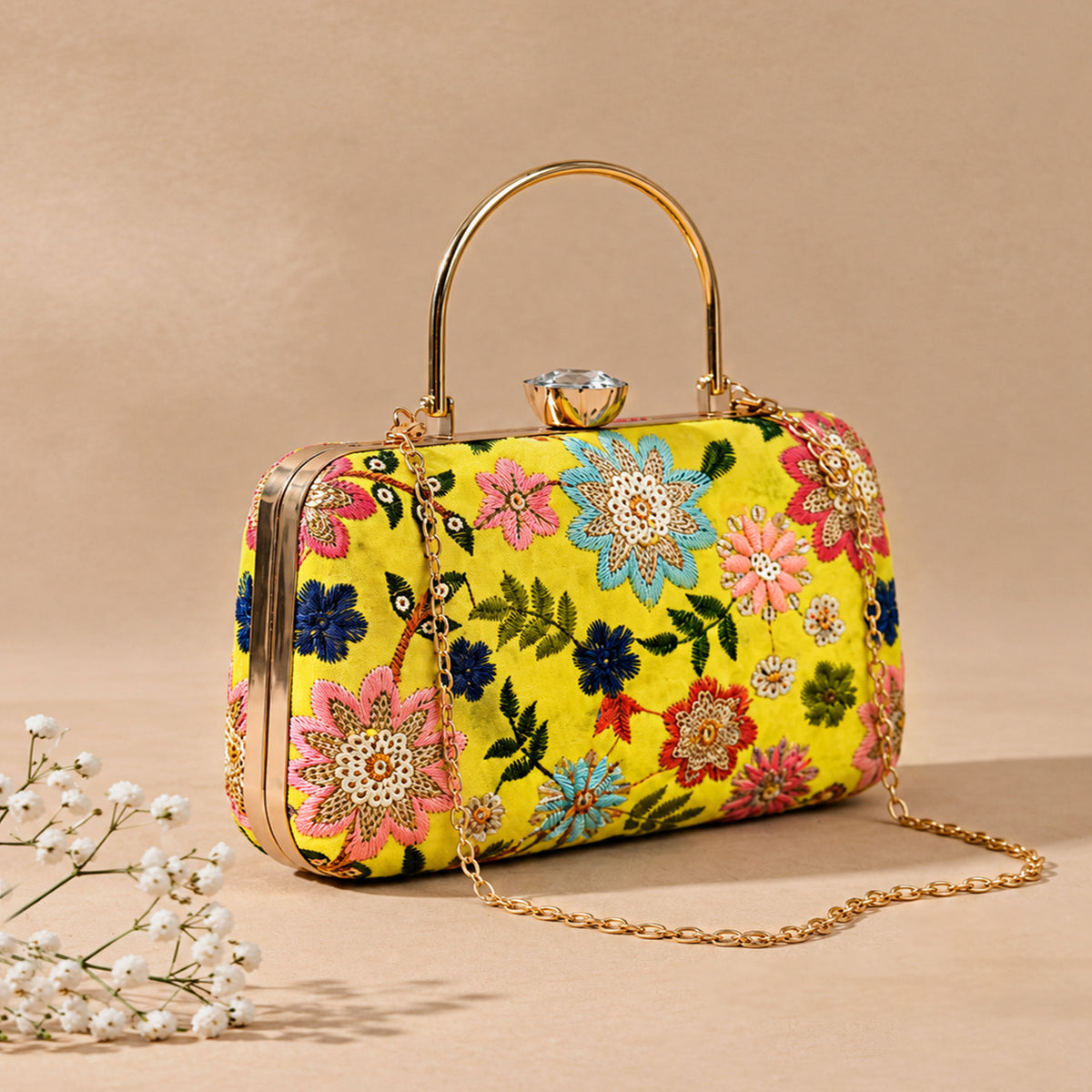 Artklim Floral Embroidered Yellow Embroidery Clutch