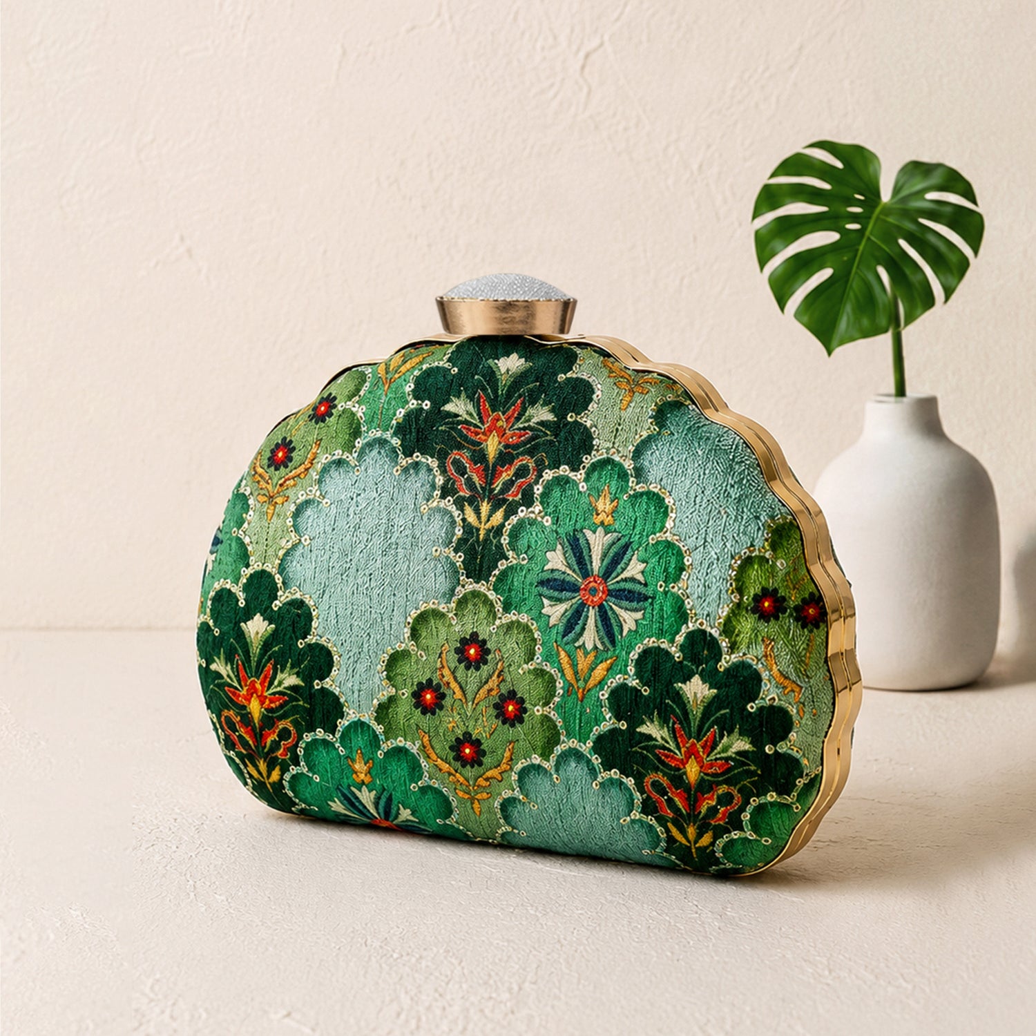 Artklim Elegant Green Floral Ethnic Embroidered Clutch