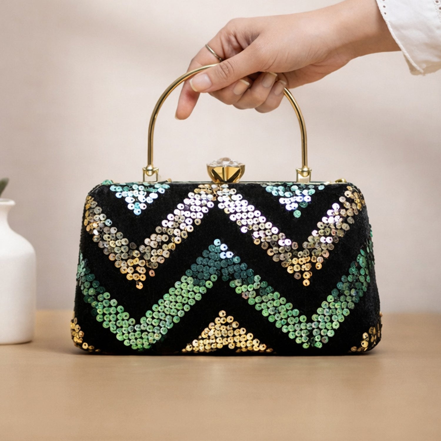 Golden And Green Sequins Zigzag Clutch