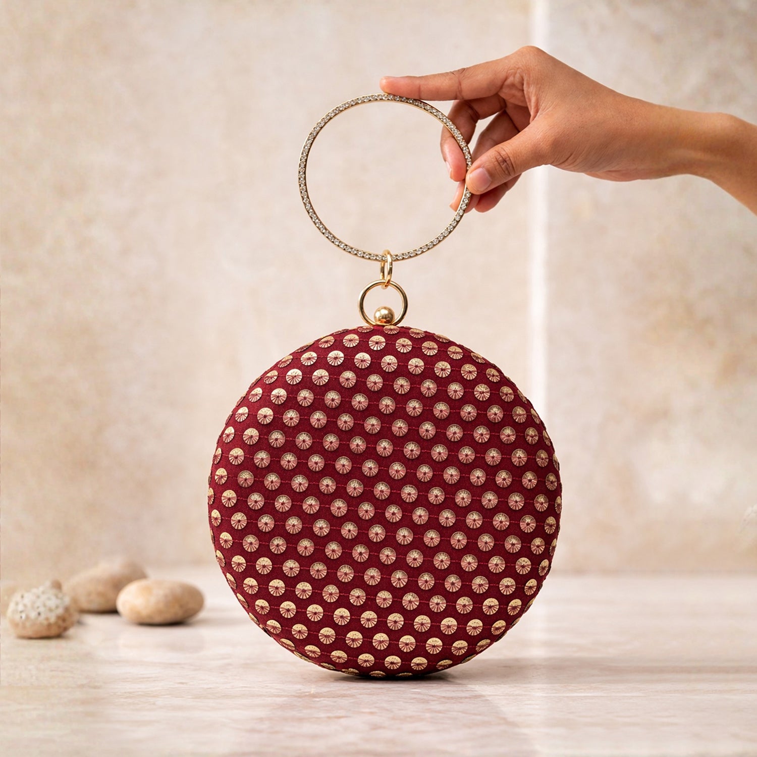 Artklim Royal Crimson Studded Embroidery Clutch