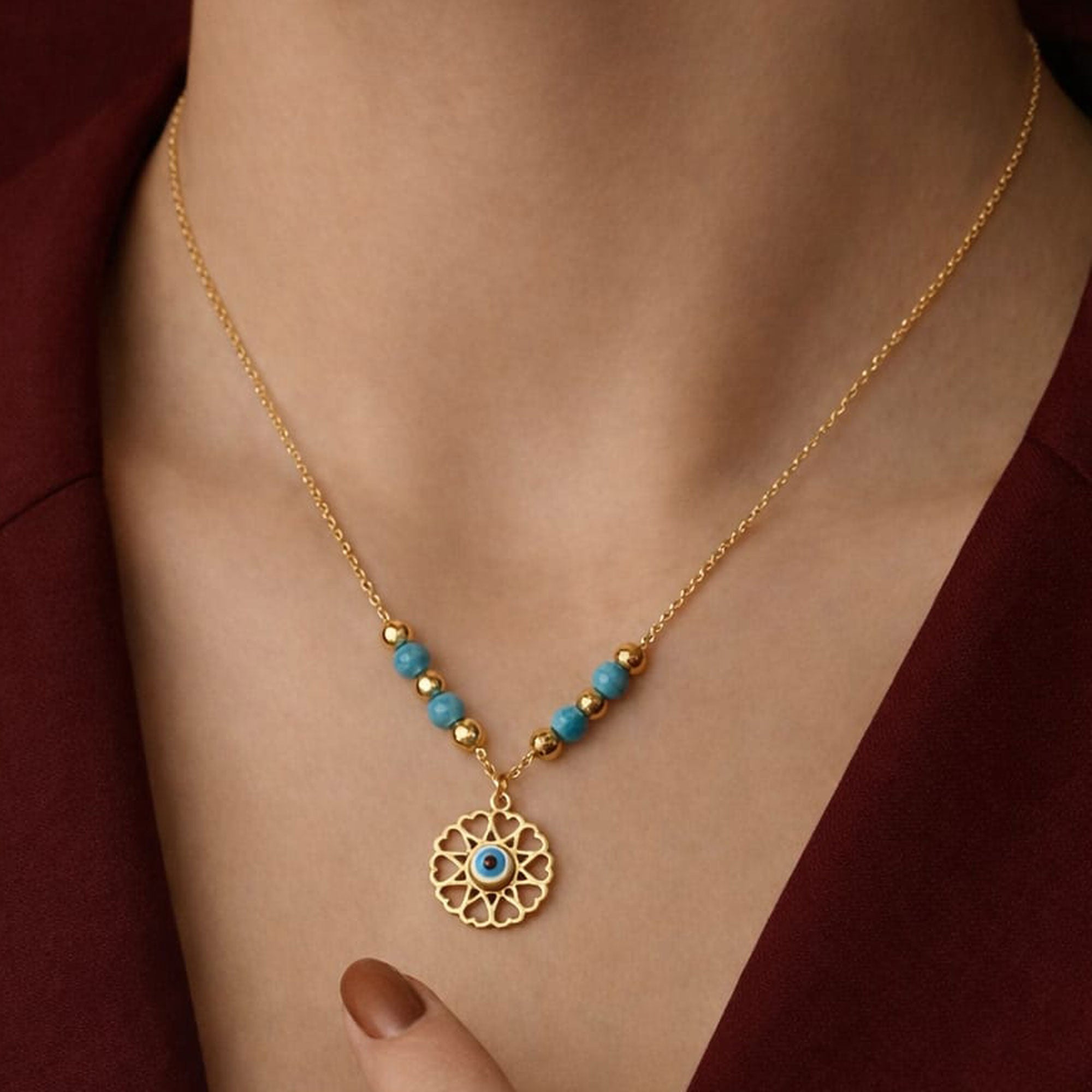 Artklim Gold-Plated Blue Evil Eye Charm Anti-Tarnish Pendant Necklace