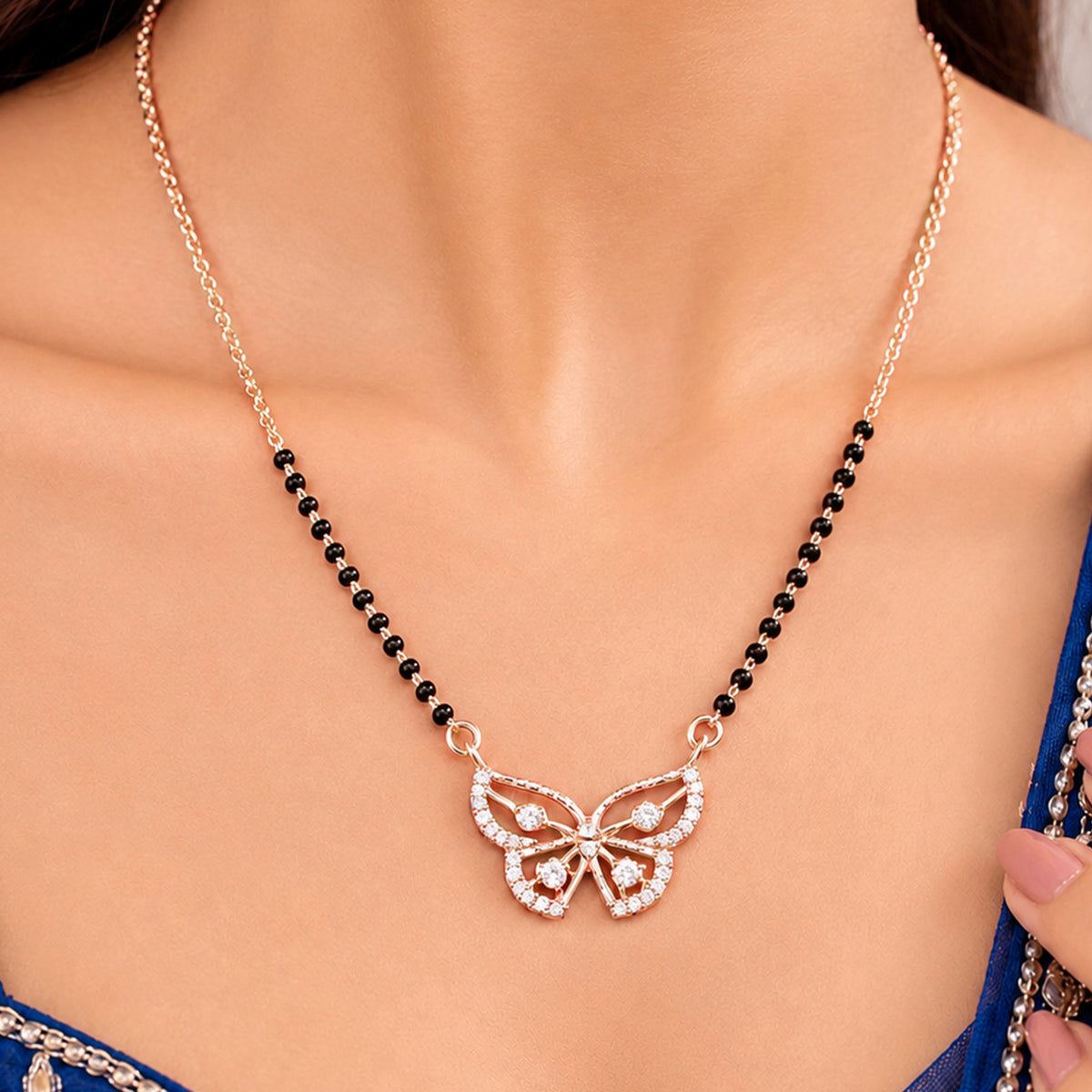 Artklim Elegant Rose Gold-Plated Butterfly Pendant Mangalsutra with Black Beads for Women