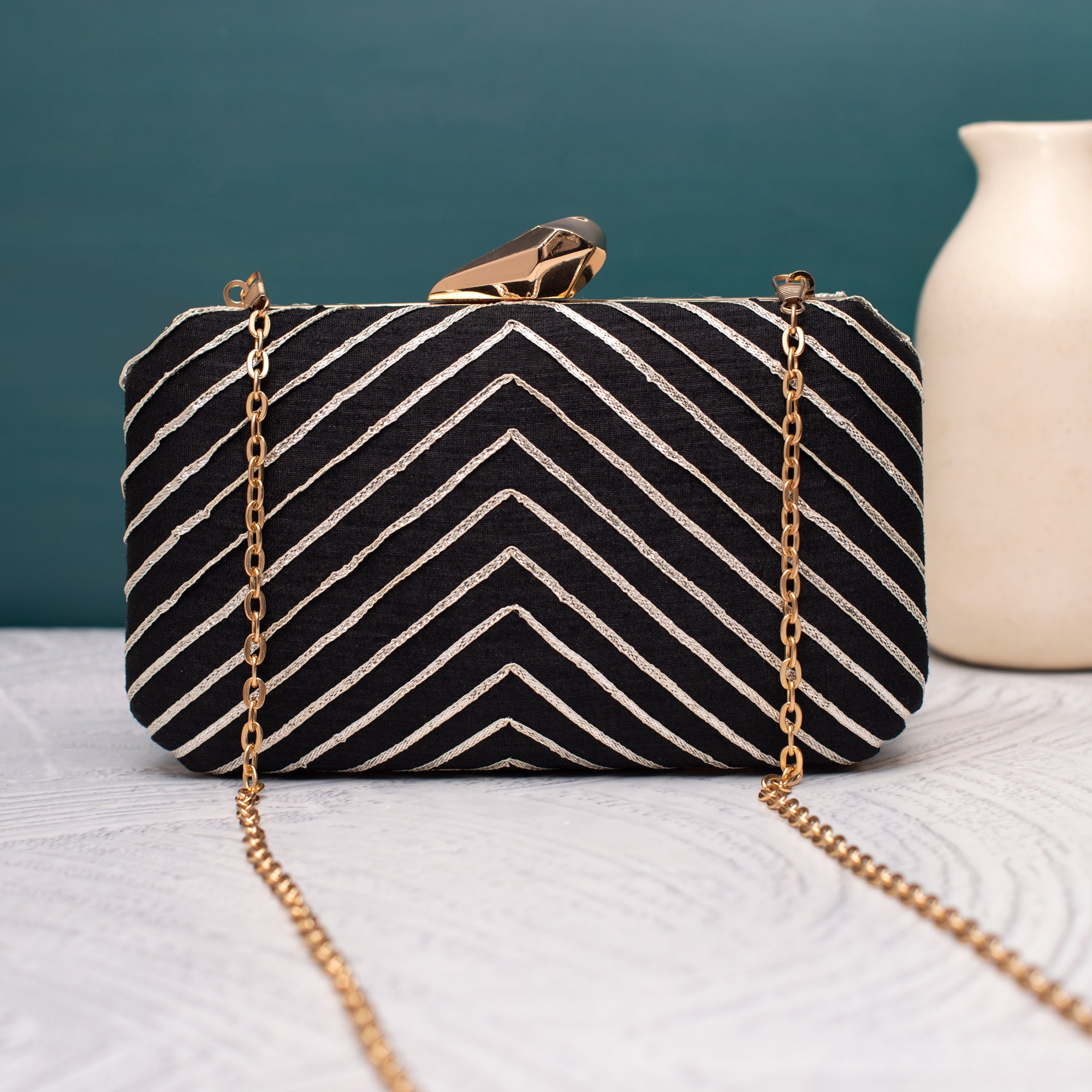 Artklim Black Gota Patti Velvet Lines Clutch