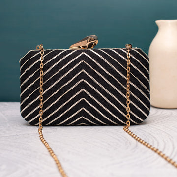 Artklim Black Gota Patti Velvet Lines Clutch