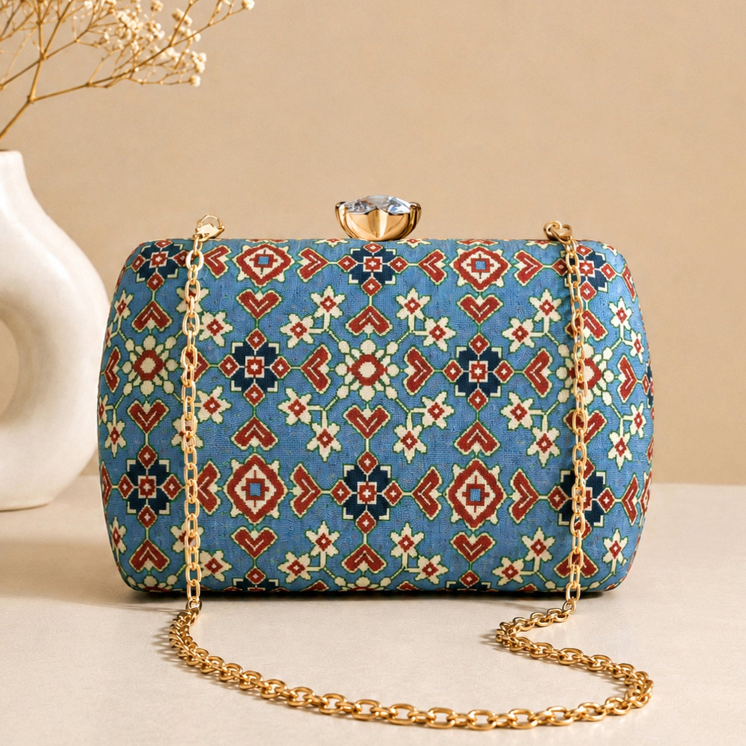 Artklim Blue Multicolor Ethnic Floral Geometric Pattern Printed Clutch