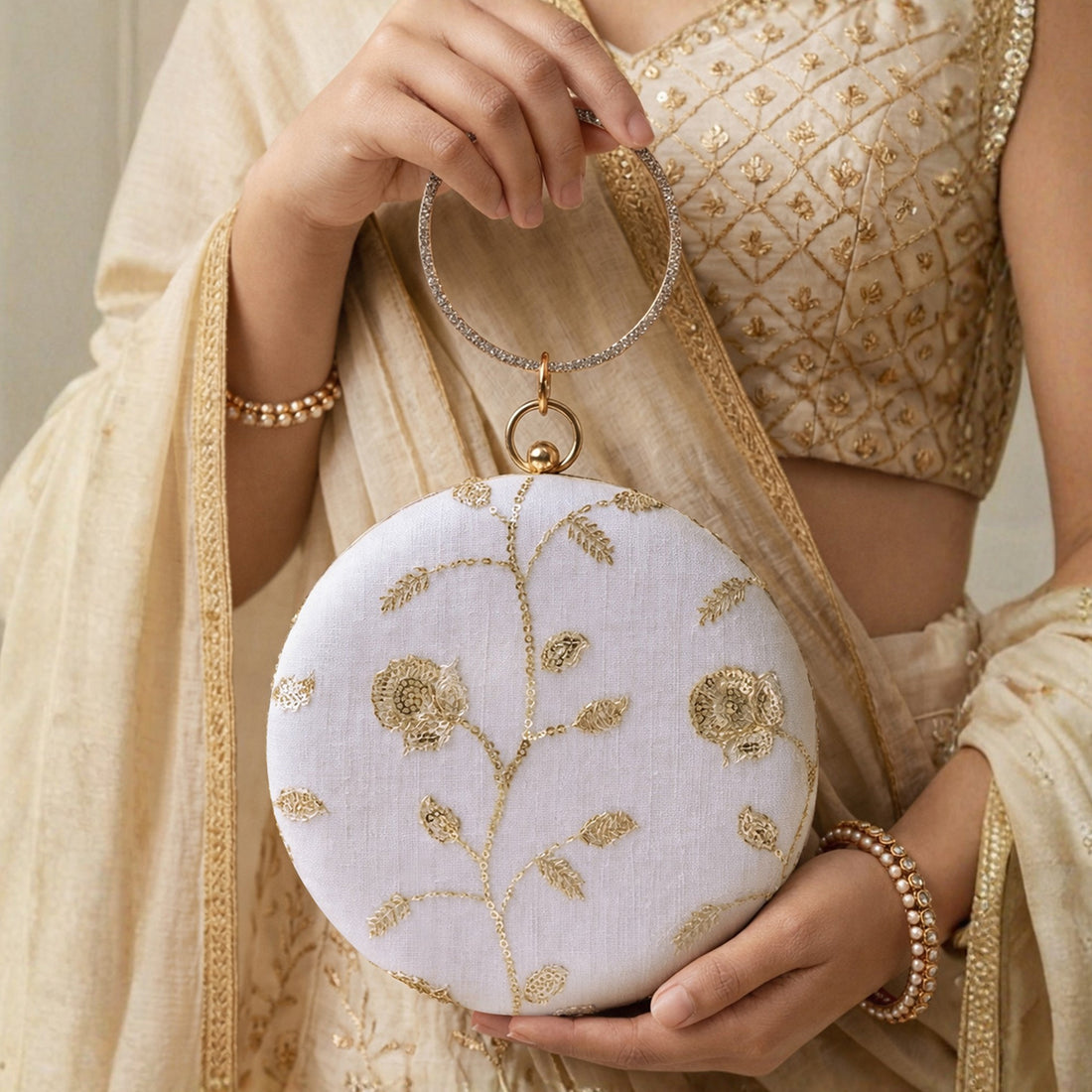 Artklim Ivory White Floral Round Clutch