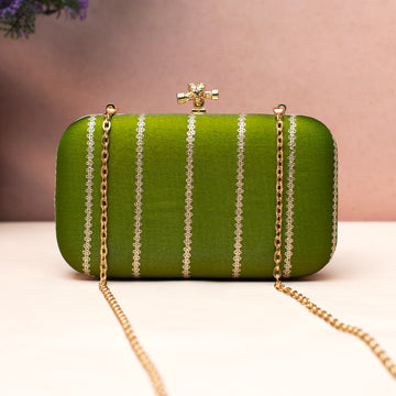 Artklim Olive Green Gold-Striped Embroidered Clutch