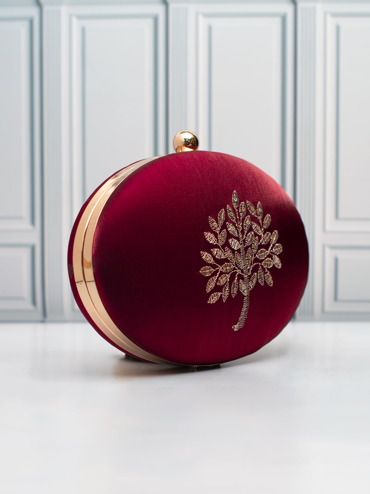 Artklim Maroon Oval Tree Embroidered Clutch