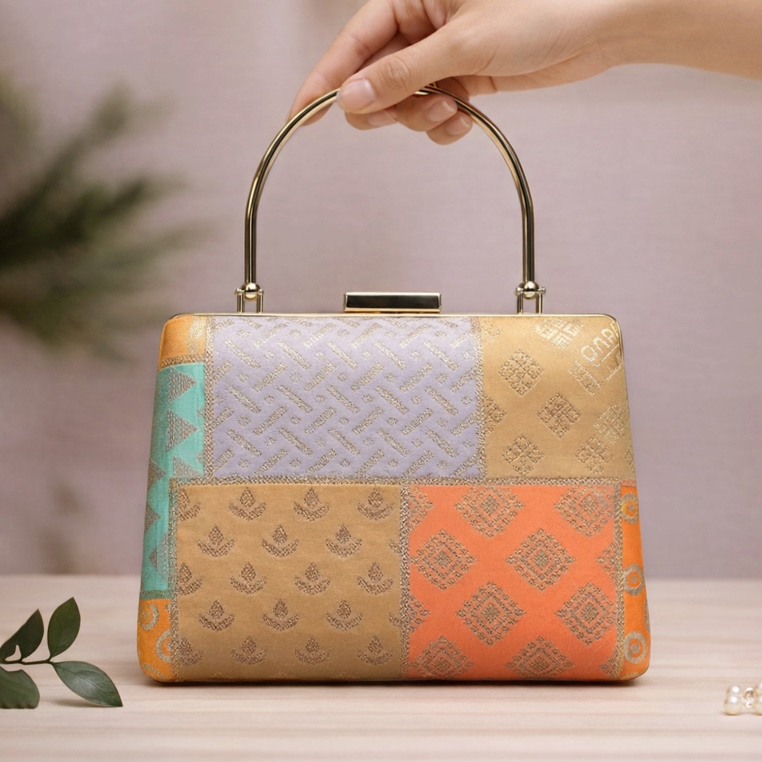 Multipattern Yellow Brocade Party Clutch