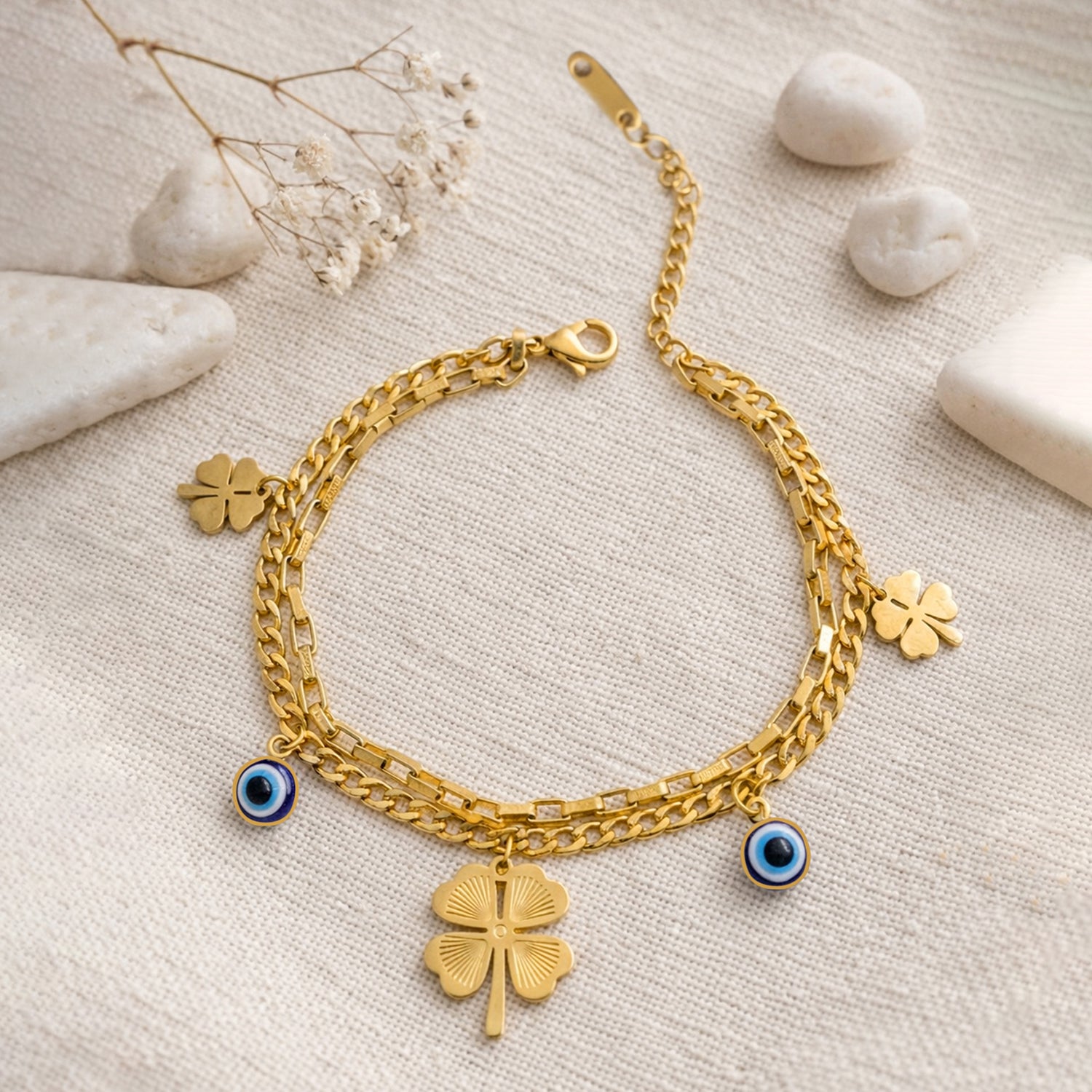 Artklim Lucky Clover Evil Eye Gold Bracelet Anti-tarnish
