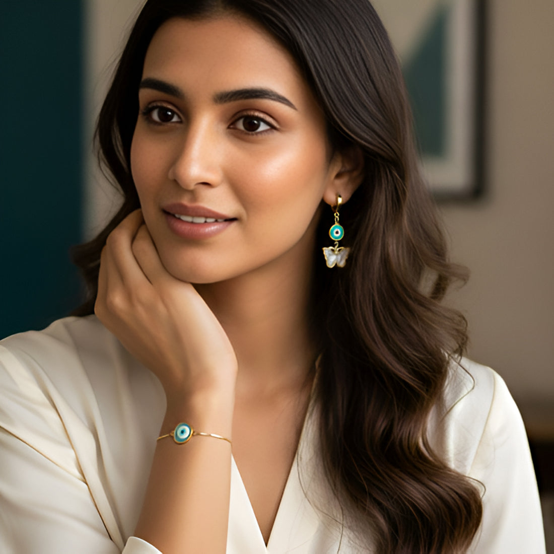 Artklim Anti Tarnish Evil Eye Bracelet & Butterfly Earrings Set