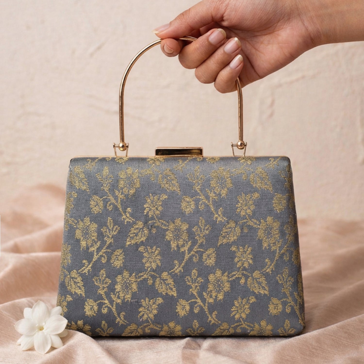 Artklim Soft Grey & Gold Floral Classic Embroidery clutch