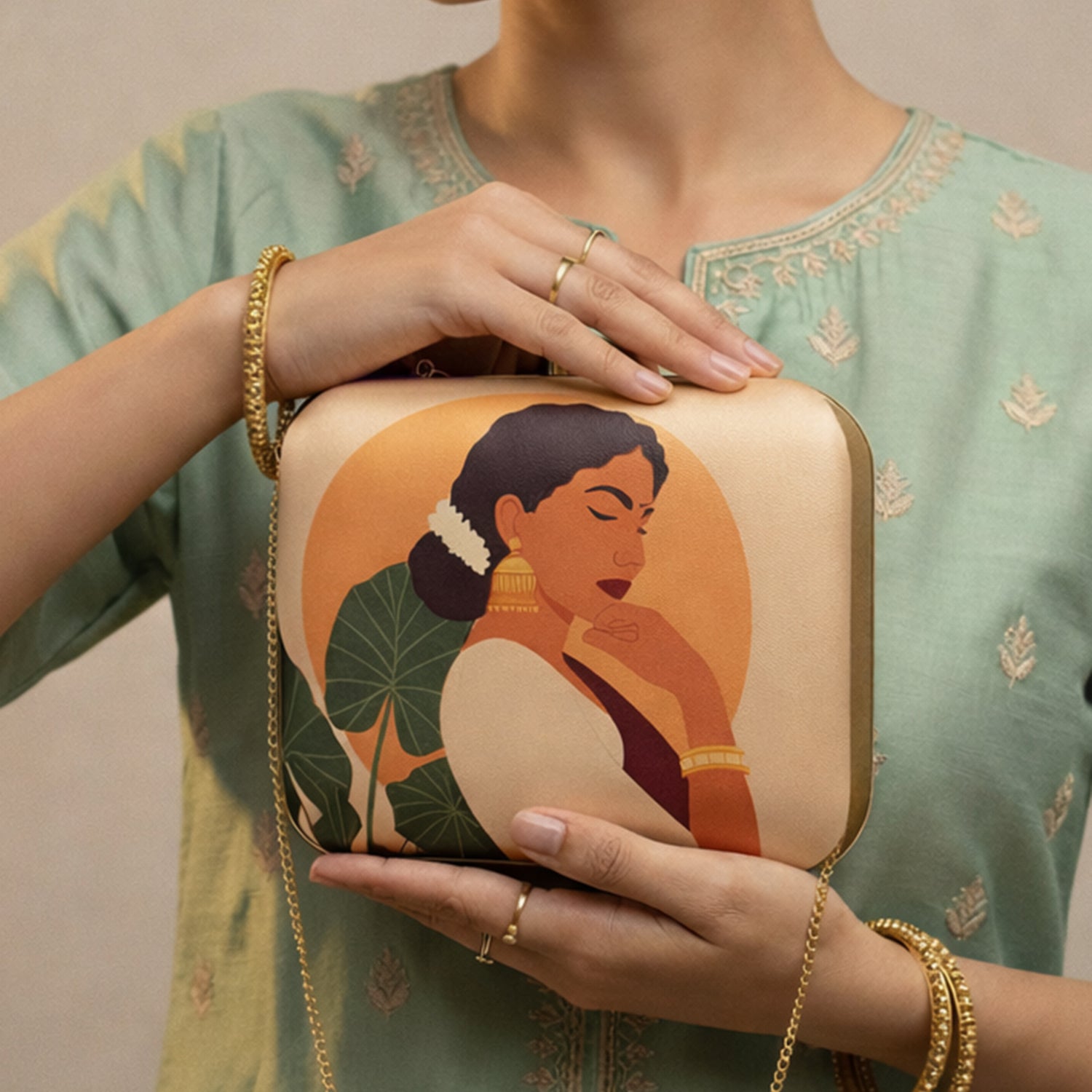 Artklim Beige Based Elegant Woman Portrait Printed Clutch