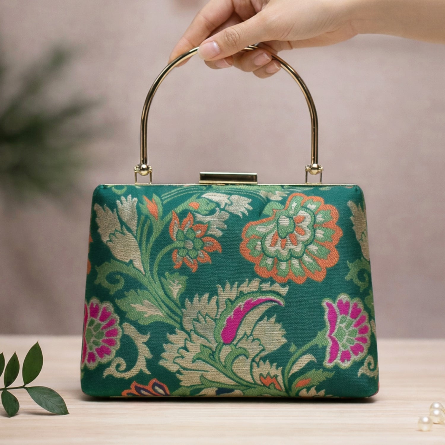 Artklim Dark Green Based Floral Pattern Printed Brocade Fabric Clutch
