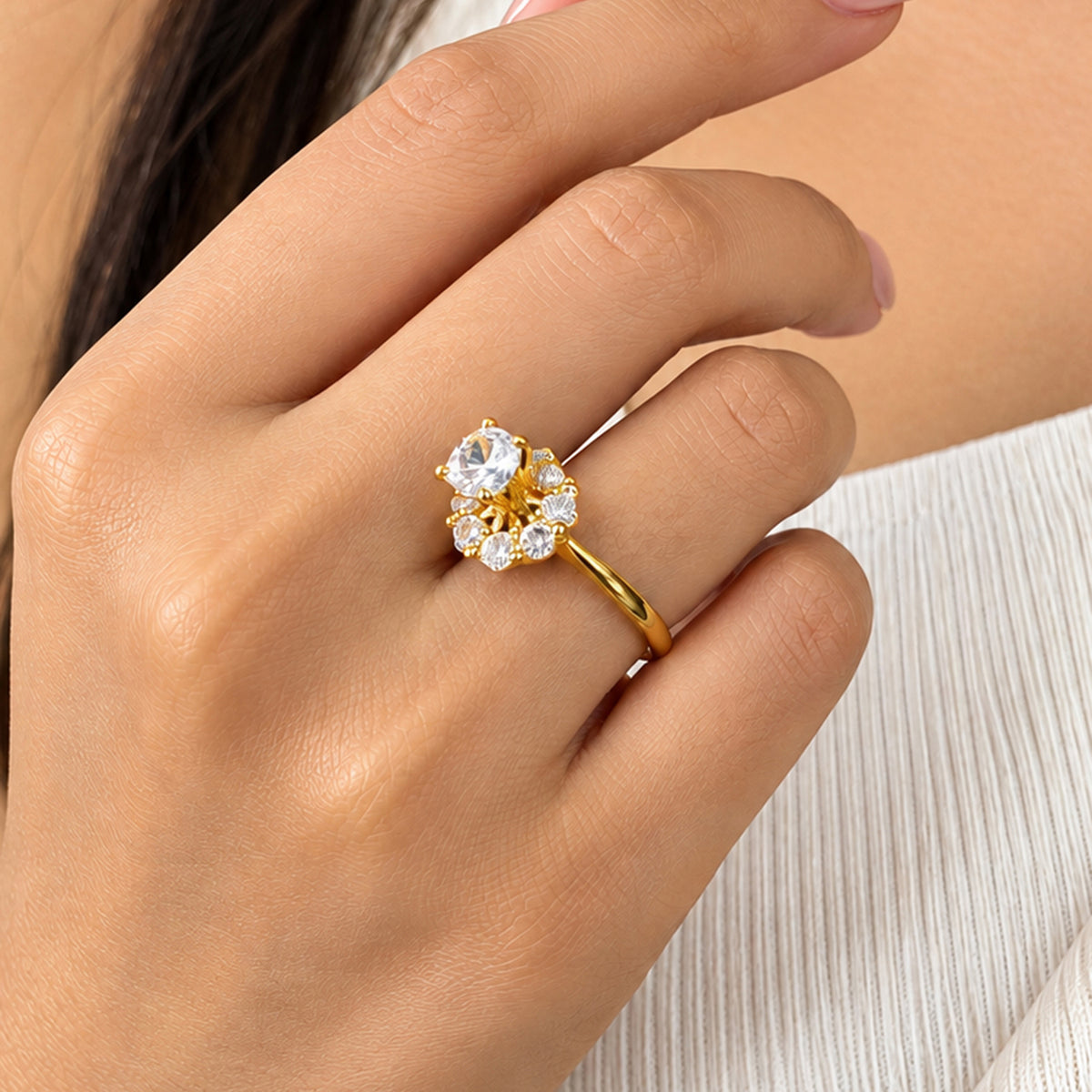 Artklim Classic Solitaire Crystal Gold-Tone Statement Anti-Tarnish Ring