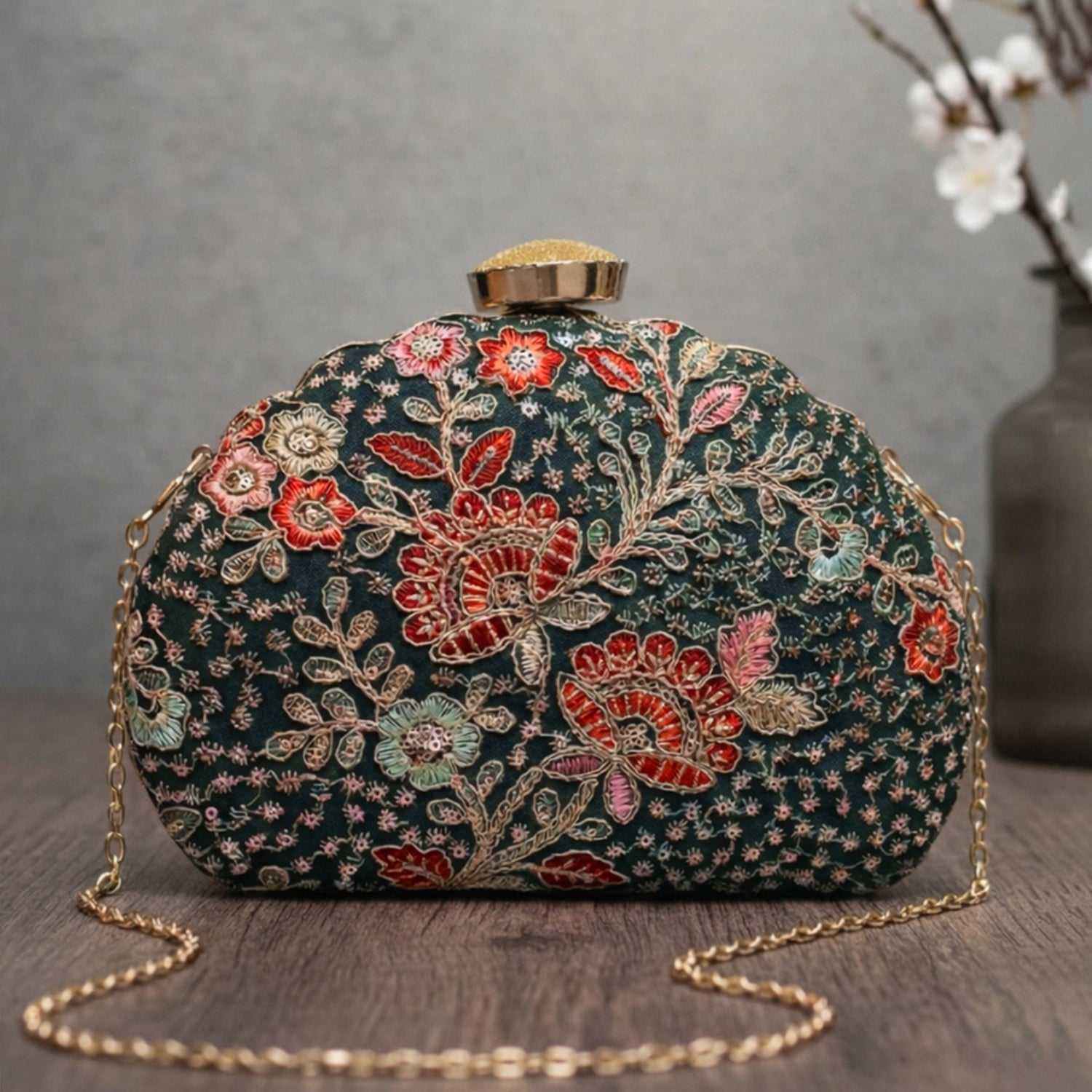 Artklim Olive Green Base Floral Threadwork Embroidery Clutch