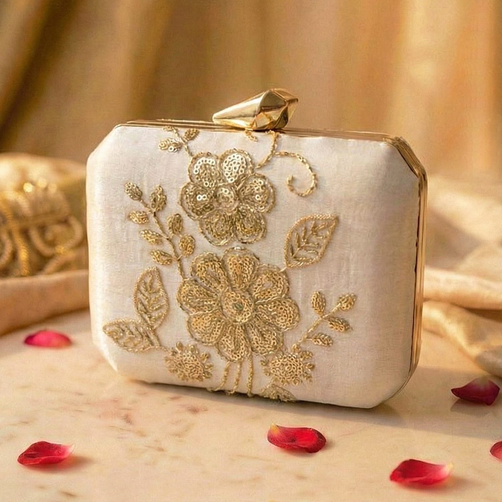Artklim Ivory Floral Gold Embroidered Clutch