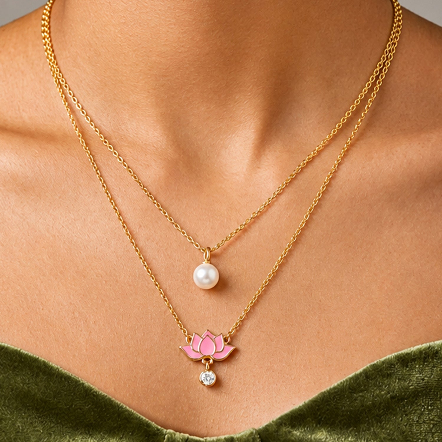 Artklim Pink Lotus & Pearl Layered Anti-Tarnish Pendant Necklace