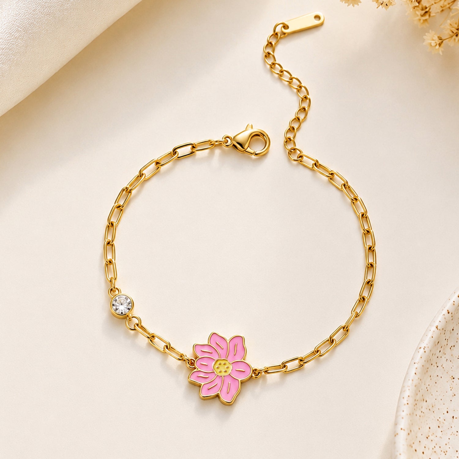Artklim Pink Floral Crystal Chain Gold-Tone Anti-Tarnish Bracelet