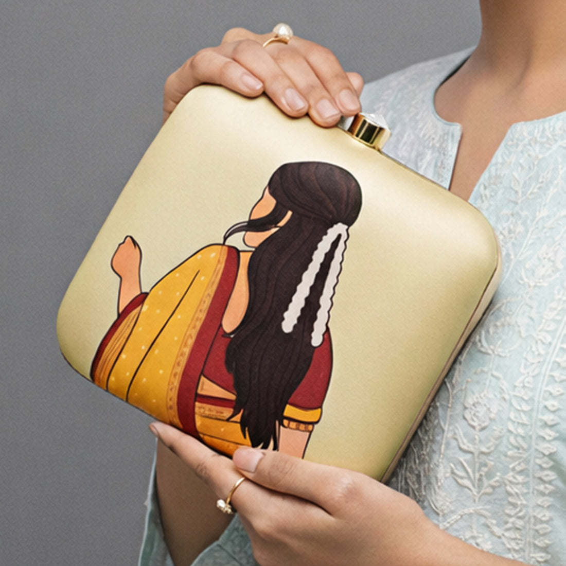 Artklim Beige Based Mustard Saree Woman With Gajra Portrait Printed Clutch