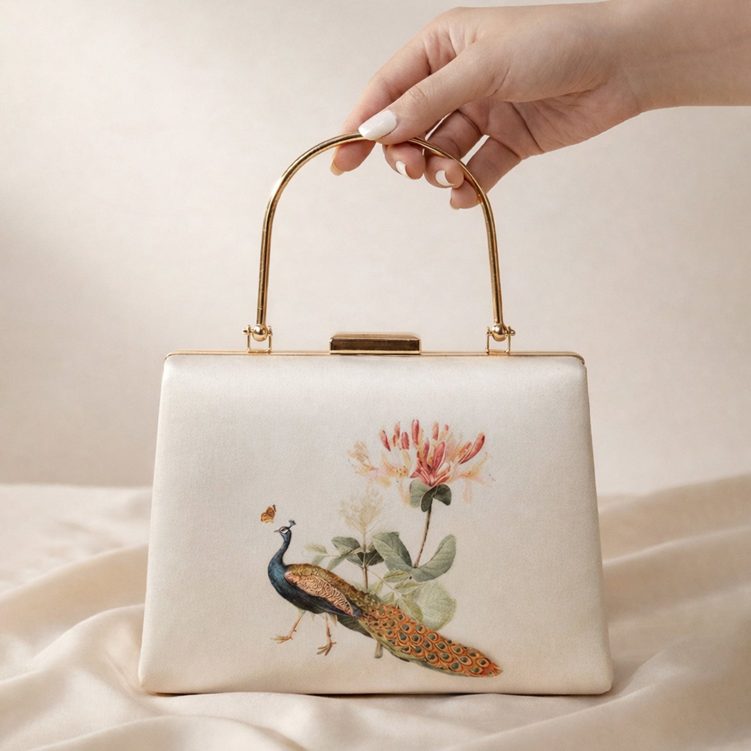 Artklim Peacock With Flower Printed Clutch