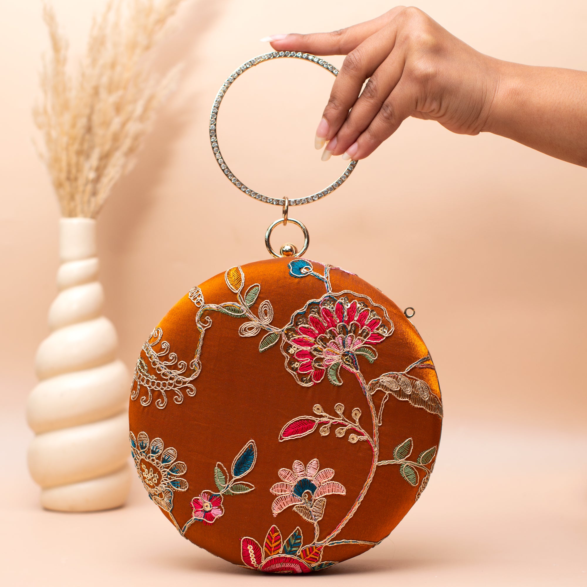 Artklim Burnt Orange Floral Embroidered Clutch