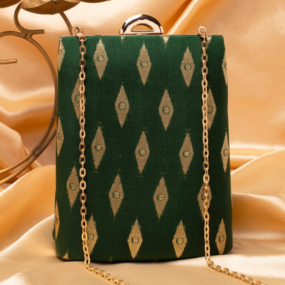 Artklim Green Base Brocade Fabric Ethnic Clutch