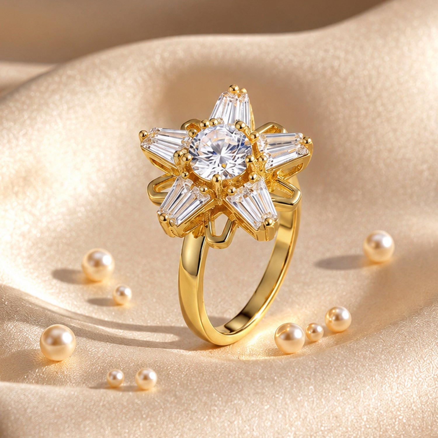 Artklim Gold Radiant Revolving Starburst Crystal Adjustable Anti-Tarnish Copper Ring