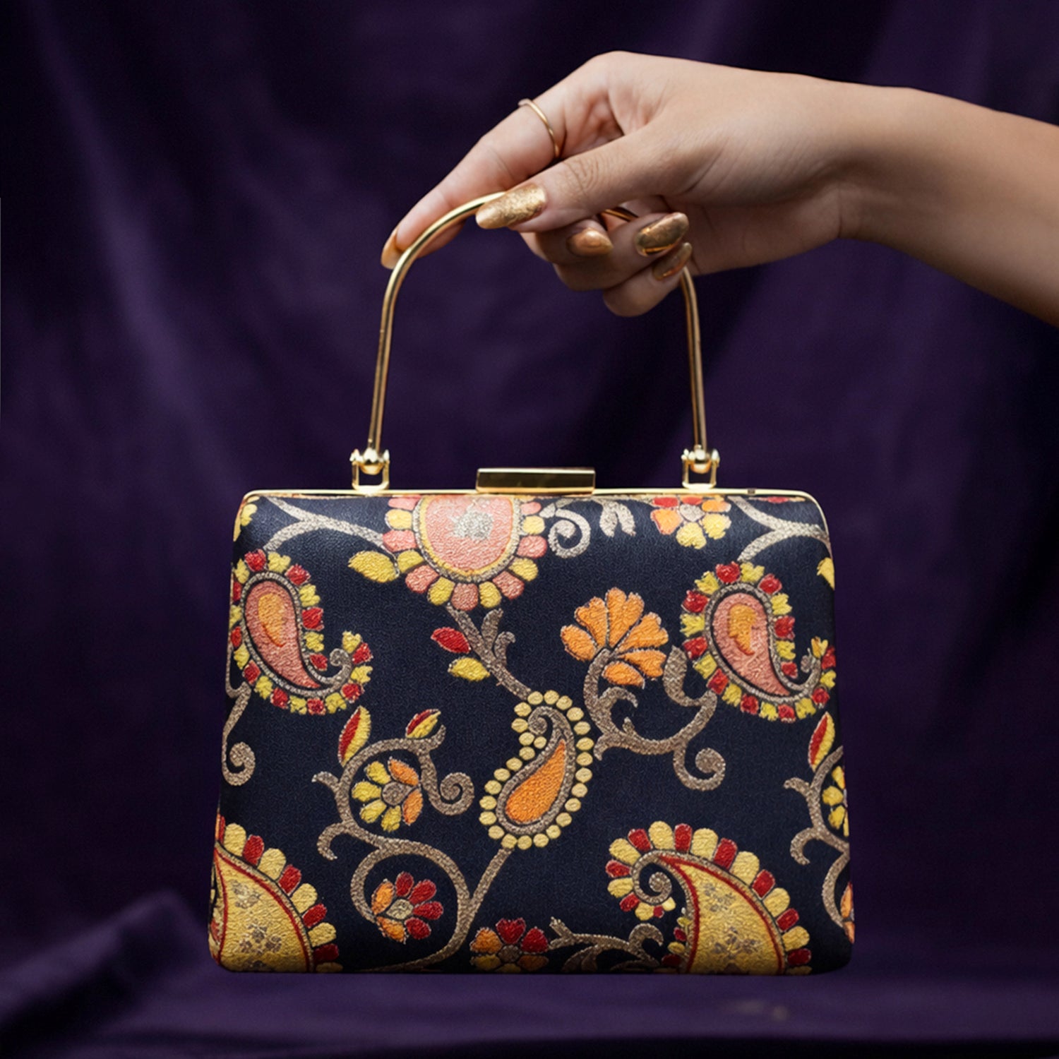 Artklim Black Based Multicolored Pattern Printed Brocade Fabric Clutch