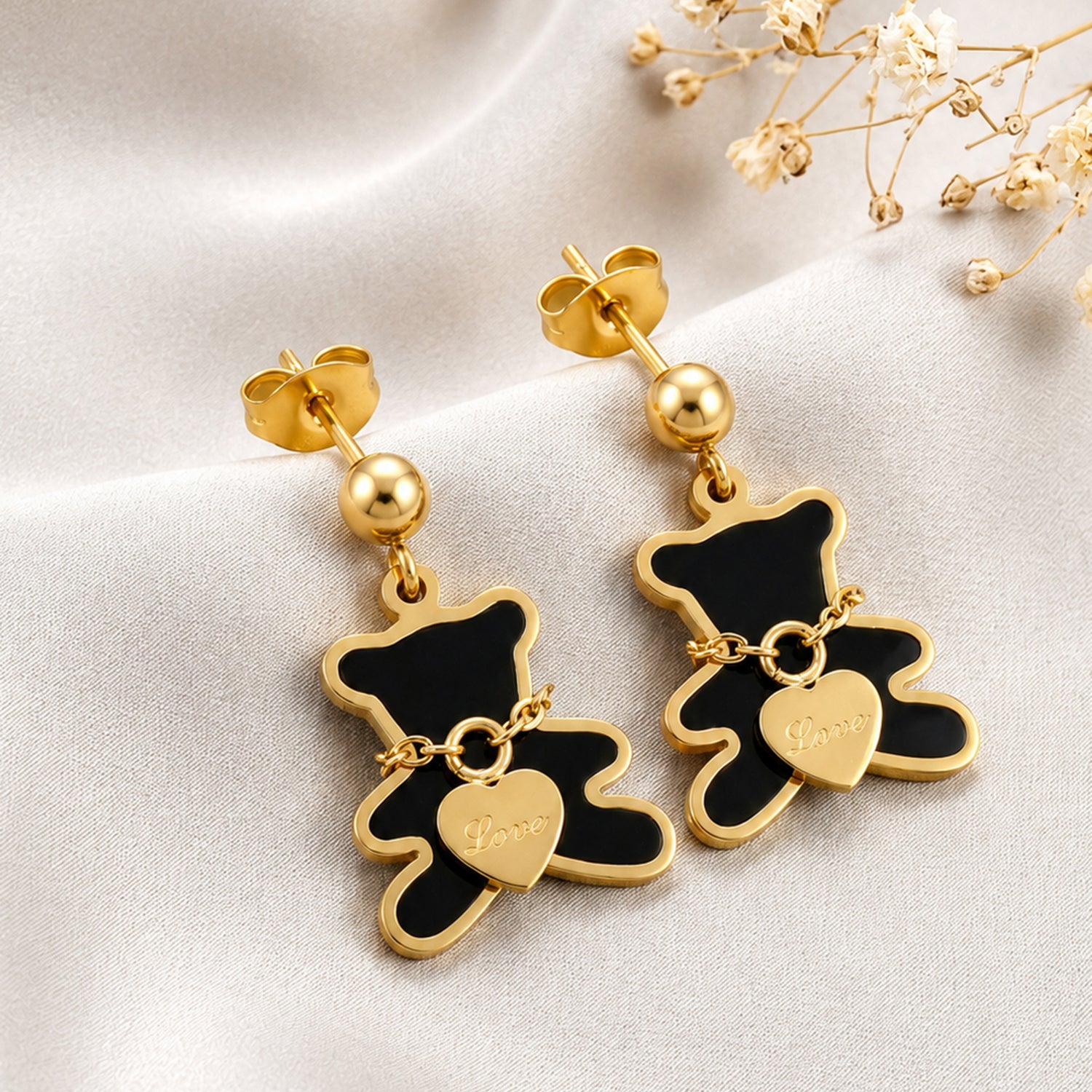 Artklim Black Teddy Heart Charm Drop Anti-Tarnish Earring