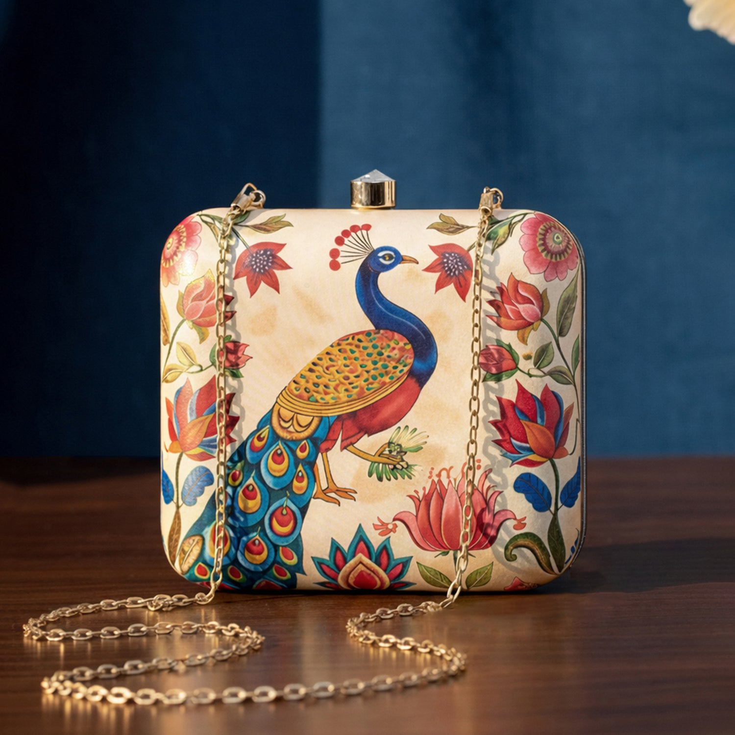 Artklim Biege Based Peacock Printed Clutch