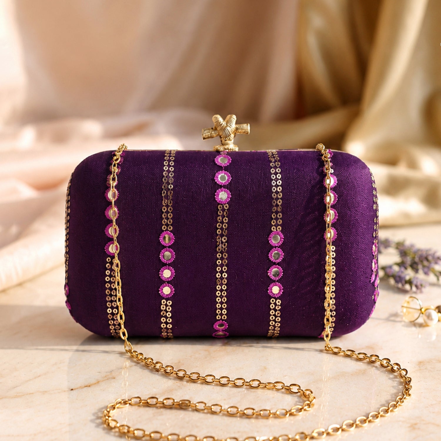 Artklim Elegant Purple Embellished EmbroideredClutch Bag