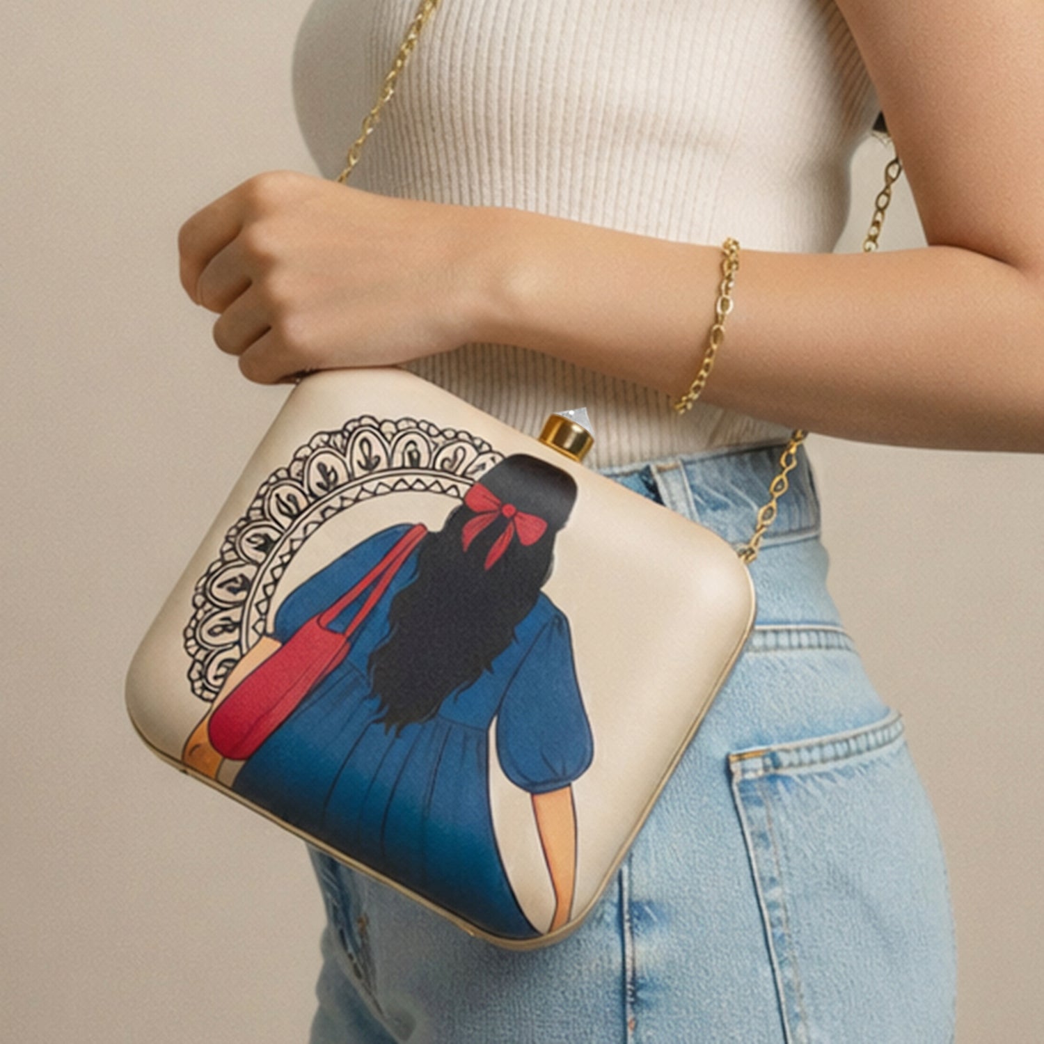 Artklim Beige Based Girl With Red Bow Portrait Printed Clutch