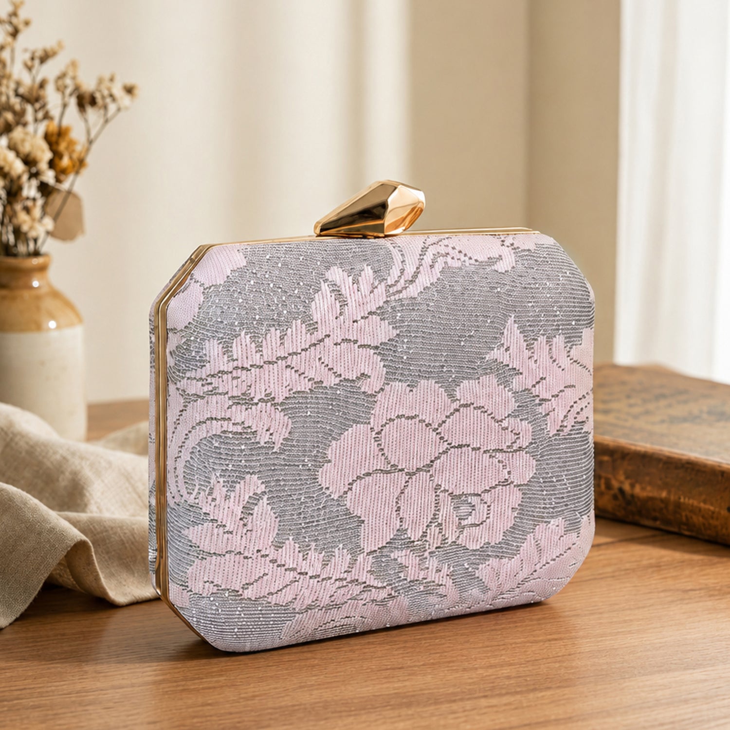 Artklim Floral Jacquard Grey & Blush Pink Clutch
