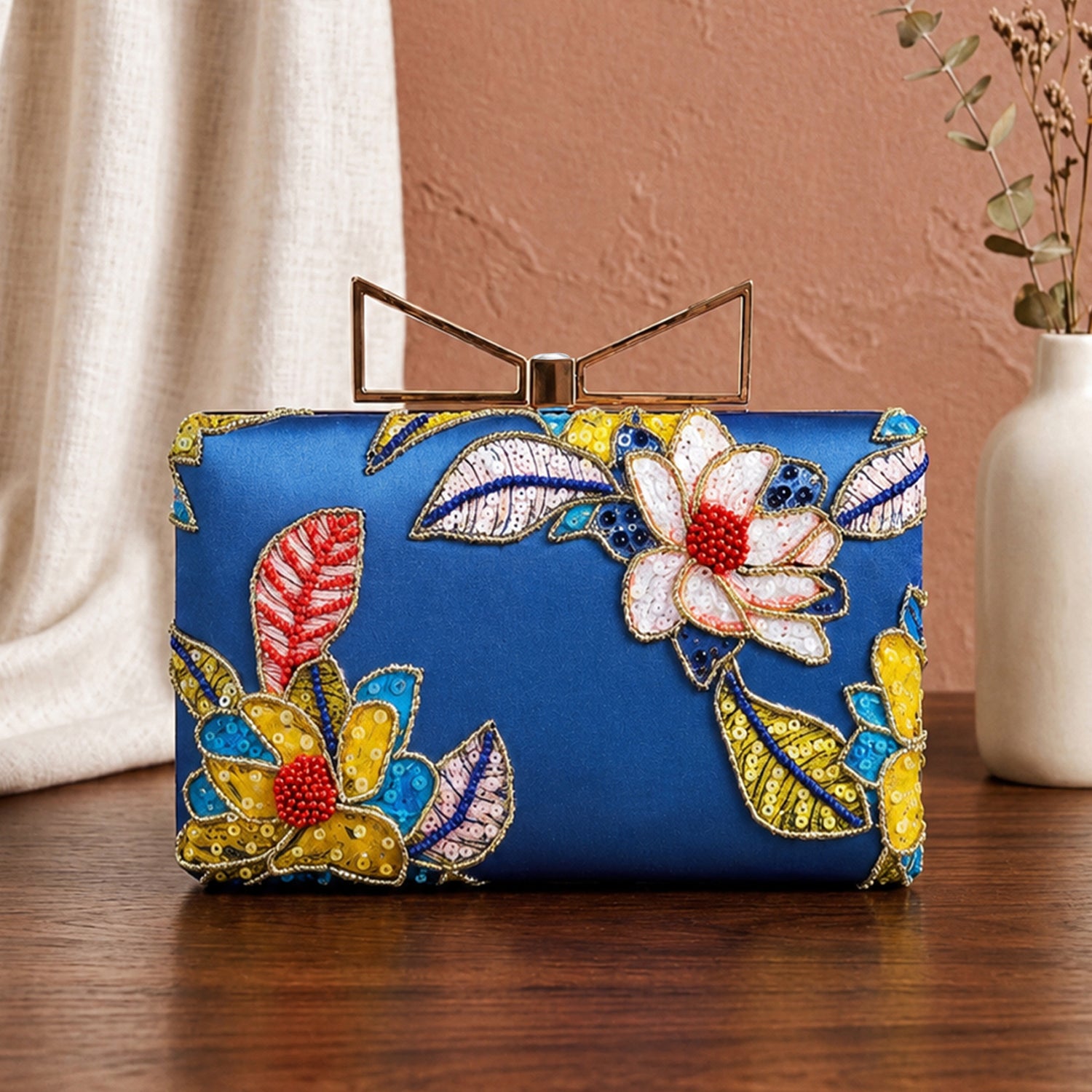 Artklim Printed Royal Blue Multicolor Floral Designer Clutch with Hand Embroidery