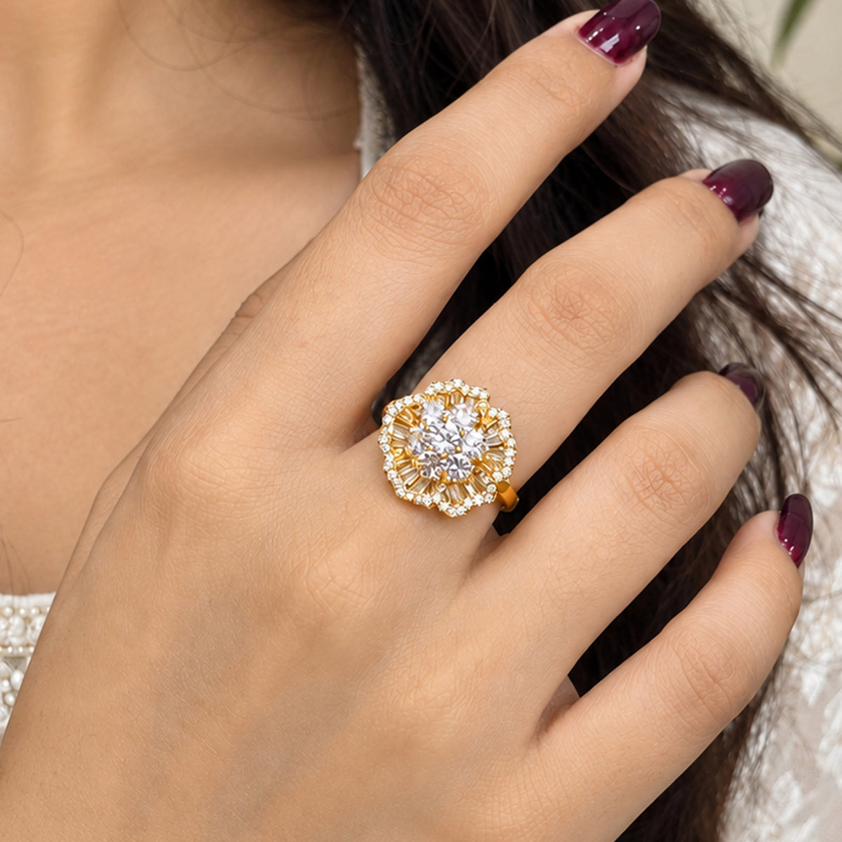Artklim Floral Sparkle Gold-Tone Crystal Statement Anti-Tarnish Ring