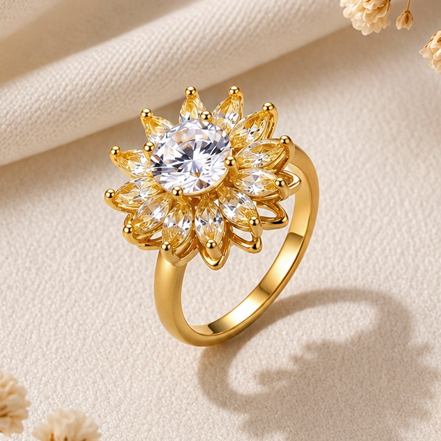 Artklim Golden Sunflower Revolving Crystal Adjustable Anti-Tarnish Copper Ring
